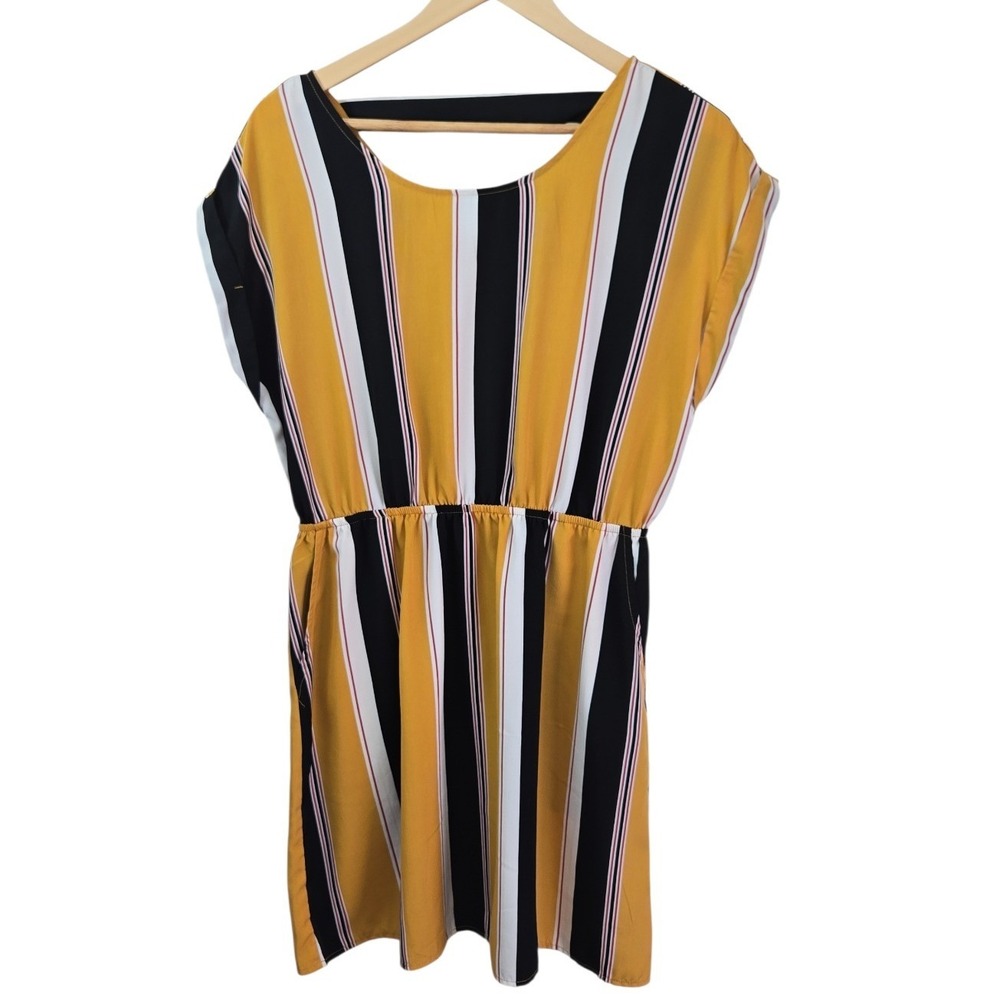 Pink Rose Vintage Striped Dress W/Pockets Women's Size L‎ Yellow Black White Red